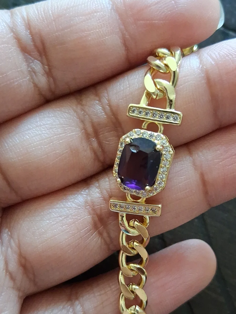 Gold Chain Bracelet with Purple Stone and Pavé Accents